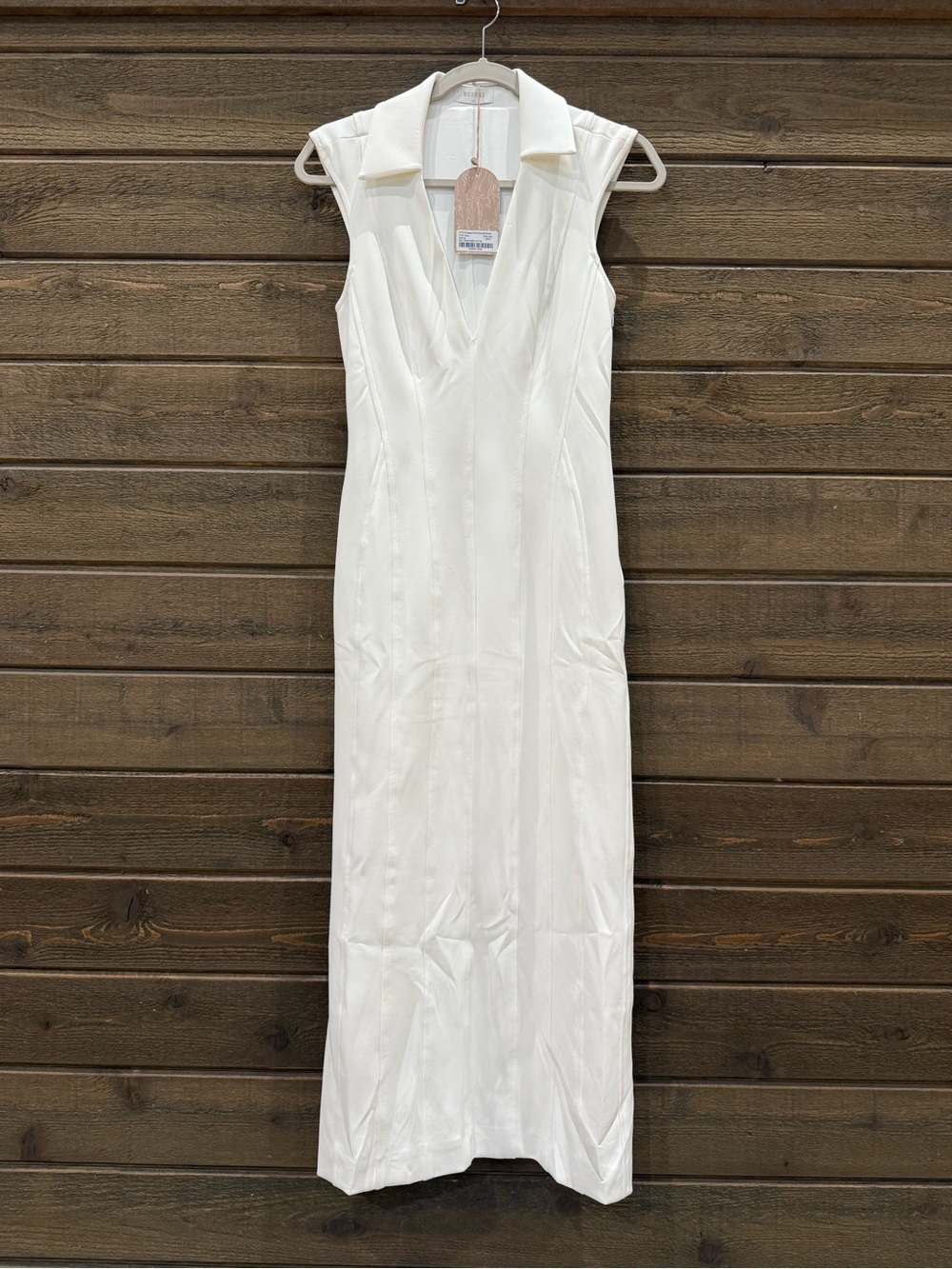 Meshki White Sleeveless V-Neck Midi Dress with Collar